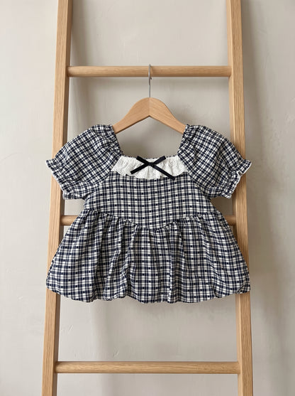 🎀 Navy Gingham Puff-Sleeve Top with Lace Collar