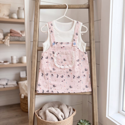 Girls' Pink Printed Pinafore Dress Set