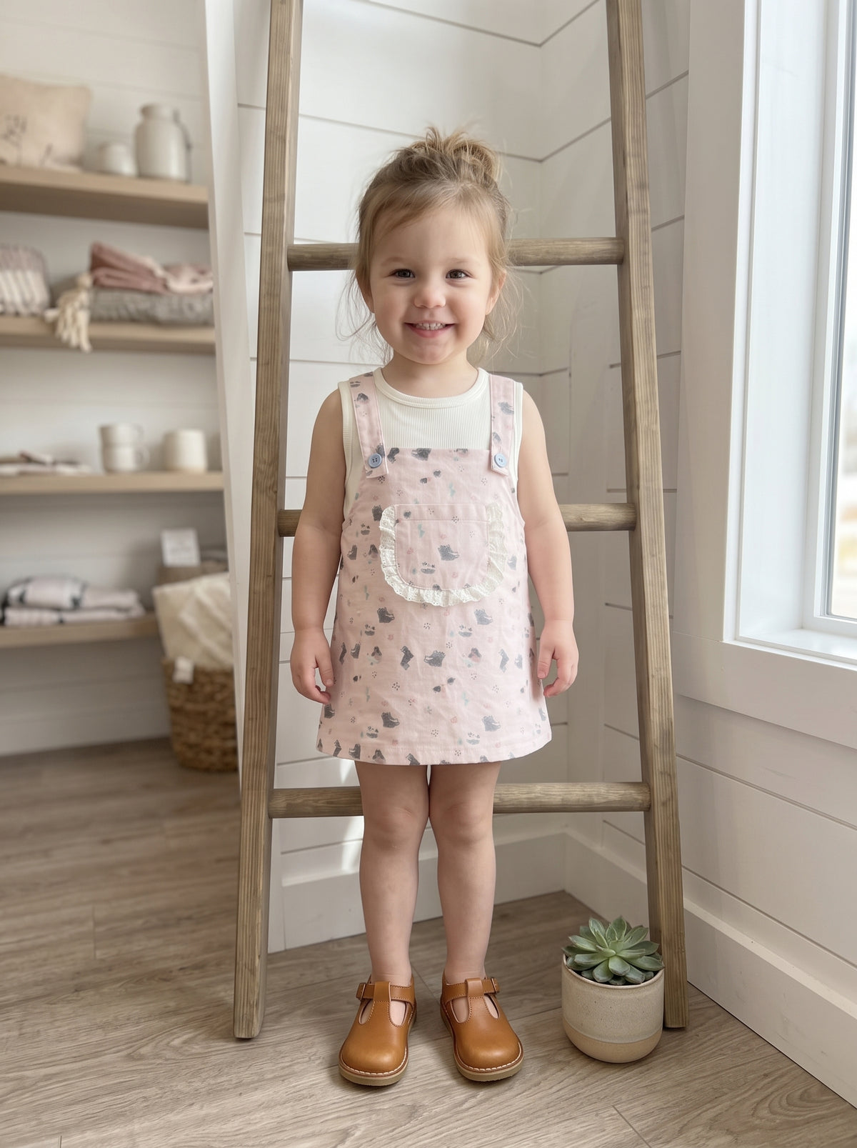 Girls' Pink Printed Pinafore Dress Set