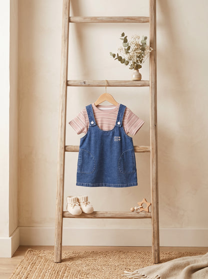 🩵 Stripe Tee & Denim Overall Dress Set