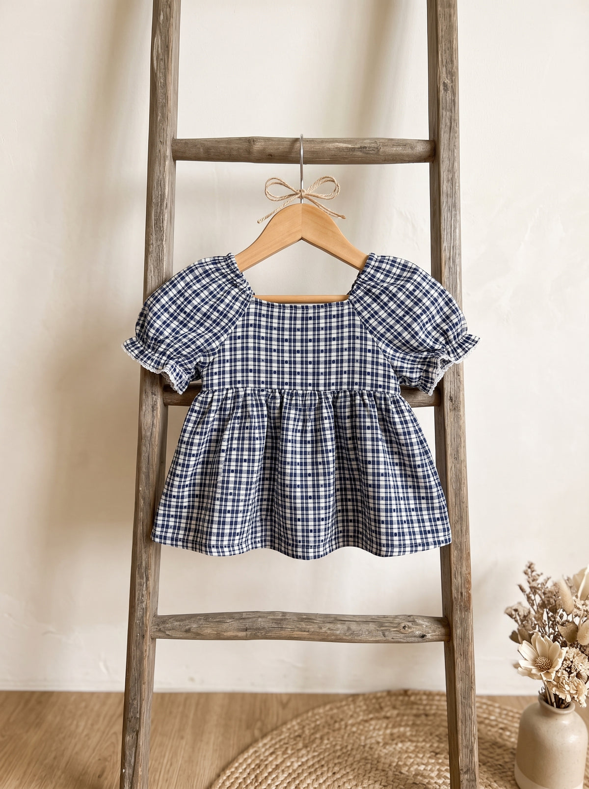 🎀 Navy Gingham Puff-Sleeve Top with Lace Collar
