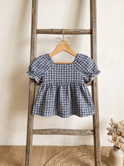 🎀 Navy Gingham Puff-Sleeve Top with Lace Collar