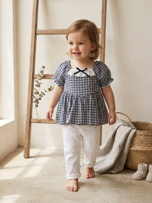🎀 Navy Gingham Puff-Sleeve Top with Lace Collar