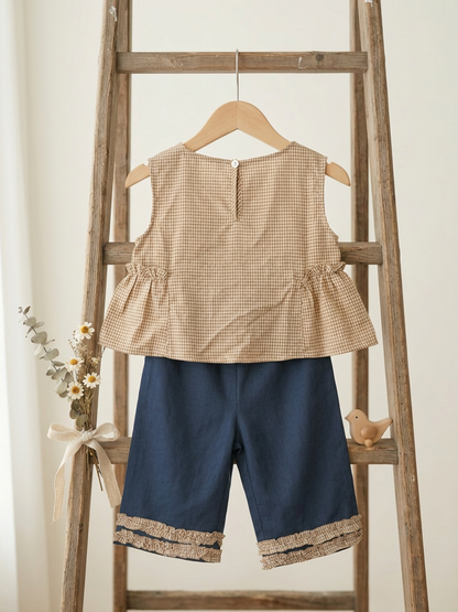Gingham Peplum Top & Ruffle-Trim Pants Set