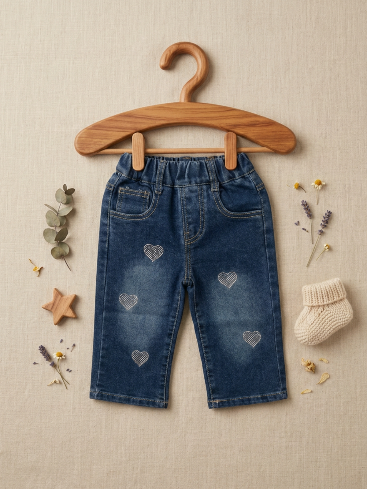 Girls' Heart Print Denim Jeans