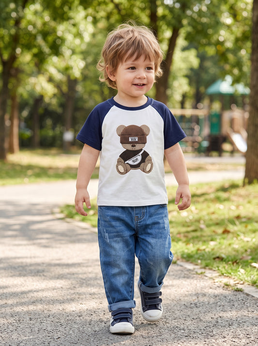Bear Buddy Raglan Toddler T-Shirt – White & Navy Blue
