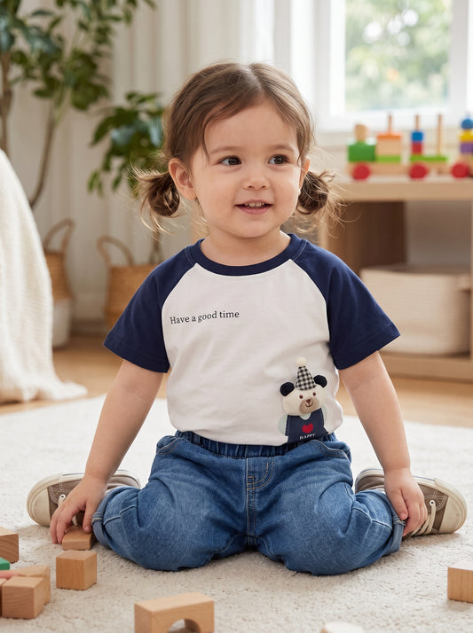 Girl's Navy Contrast Sleeve Tshirt with Character Patch