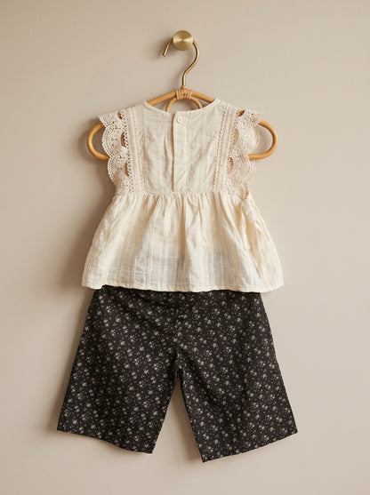 🤍 Ivory Lace Top & Black Floral Shorts Set