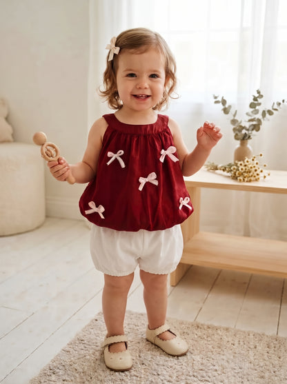 Charming Bow-Detail Red & White Two-Piece Set