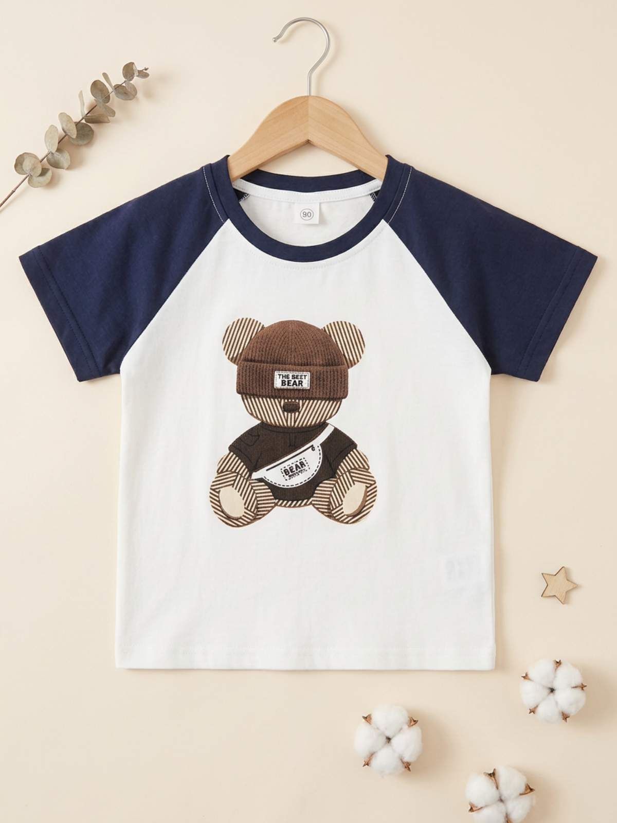 Girl's Bear Buddy Raglan Toddler T-Shirt – White & Navy Blue