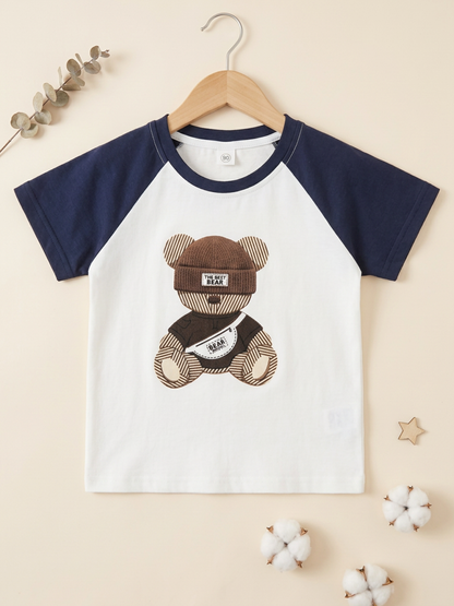 Girl's Bear Buddy Raglan Toddler T-Shirt – White & Navy Blue