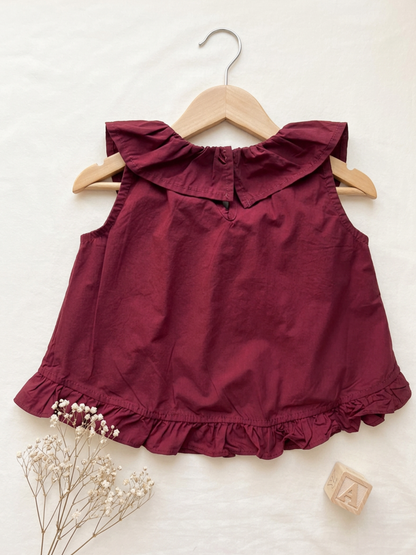 Maroon Ruffle Collar Top & Wide Leg Pants Set