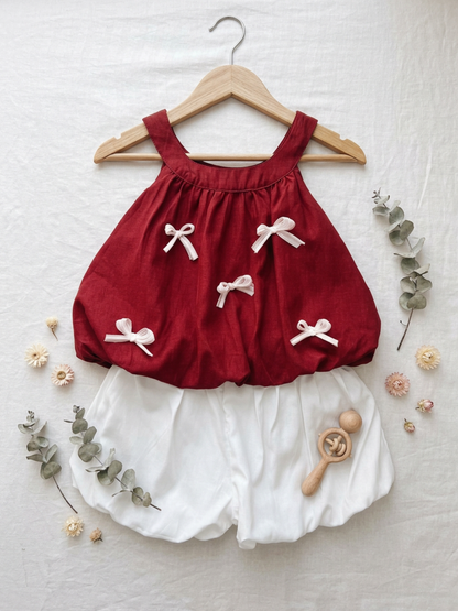 Charming Bow-Detail Red & White Two-Piece Set