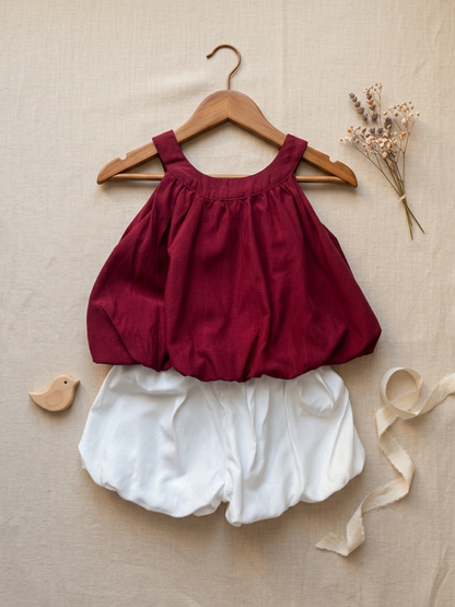 Charming Bow-Detail Red & White Two-Piece Set