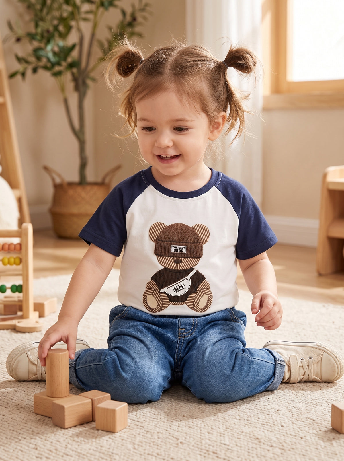 Girl's Bear Buddy Raglan Toddler T-Shirt – White & Navy Blue