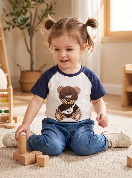 Bear Buddy Raglan Toddler T-Shirt – White & Navy Blue