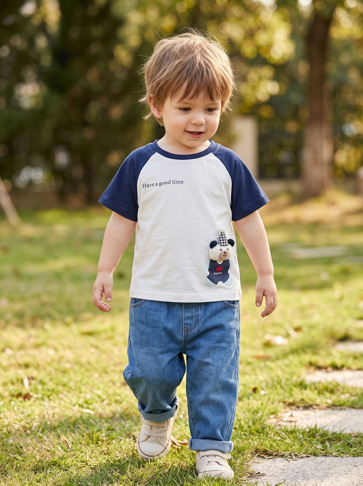 Boy's Navy Contrast Sleeve Tshirt with Character Patch