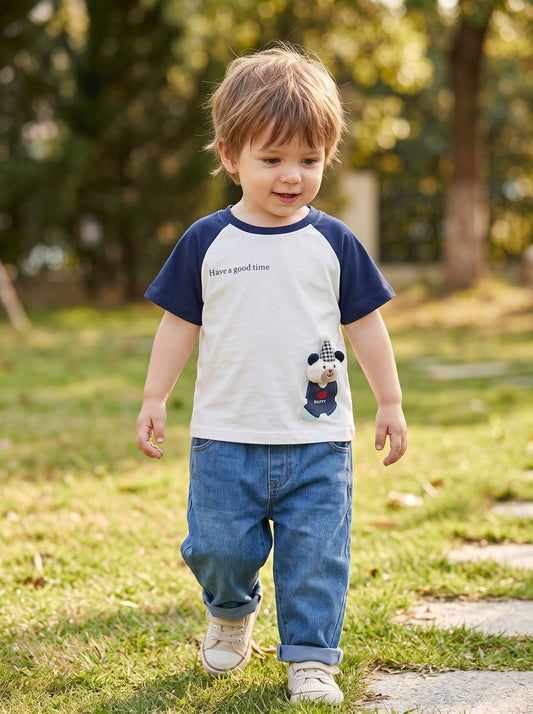 Boy's Navy Contrast Sleeve Tshirt with Character Patch