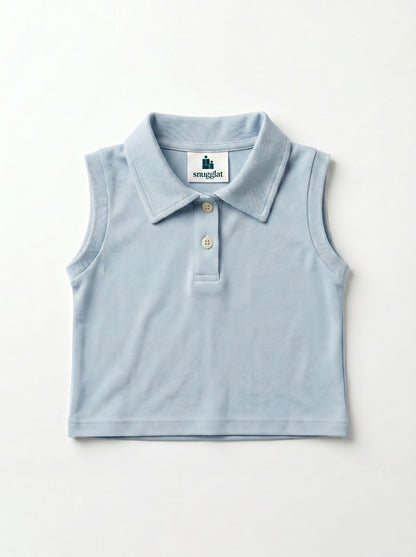 Girls' Baby Blue Polo Top & Grey Plaid Skirt Set