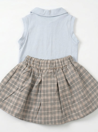 Girls' Baby Blue Polo Top & Grey Plaid Skirt Set