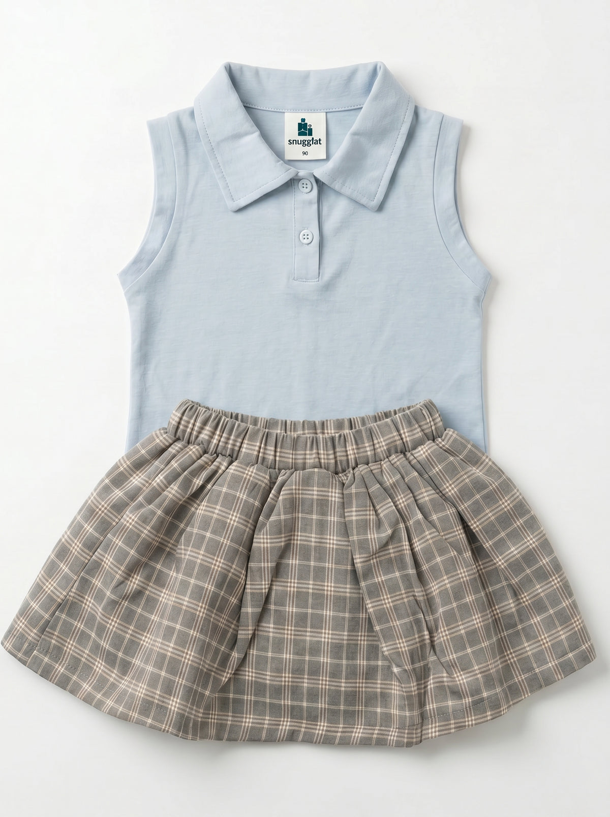 Girls' Baby Blue Polo Top & Grey Plaid Skirt Set