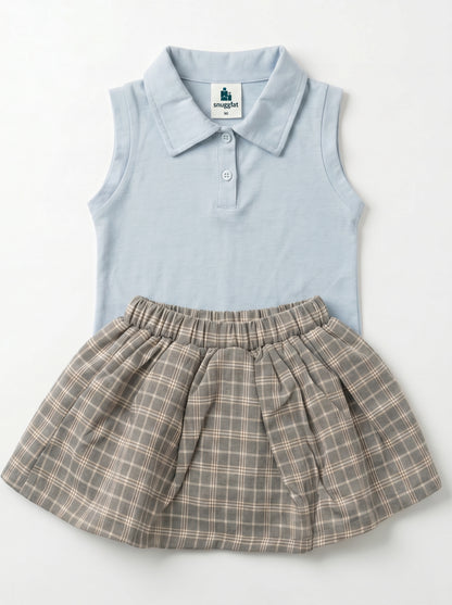 Girls' Baby Blue Polo Top & Grey Plaid Skirt Set