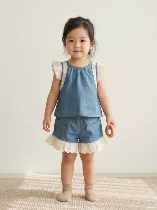 Girls' Denim & Lace Flutter Two-Piece Set