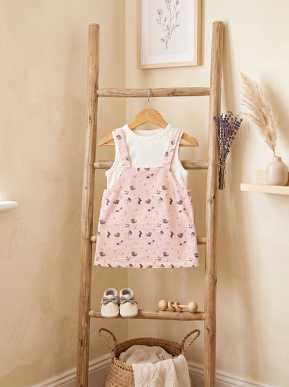 Girls' Pink Printed Pinafore Dress Set